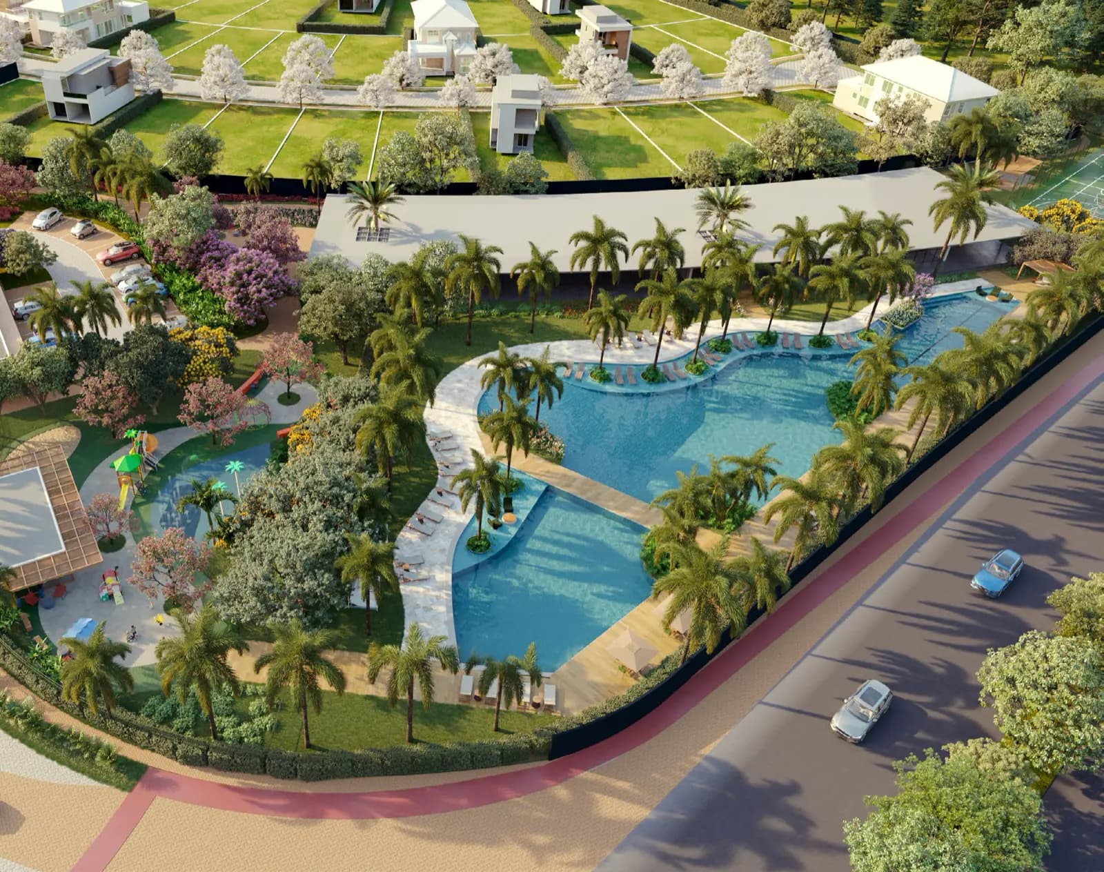Campo Alto — El club house y sus piscinas, desde el aire