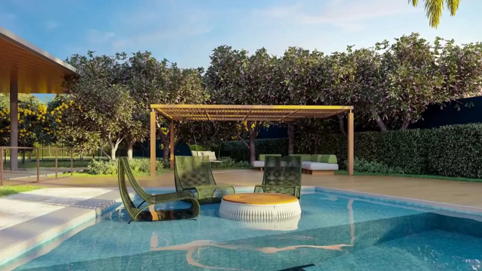 Ilustración de Campo Alto: la piscina con su pérgola, entre los árboles