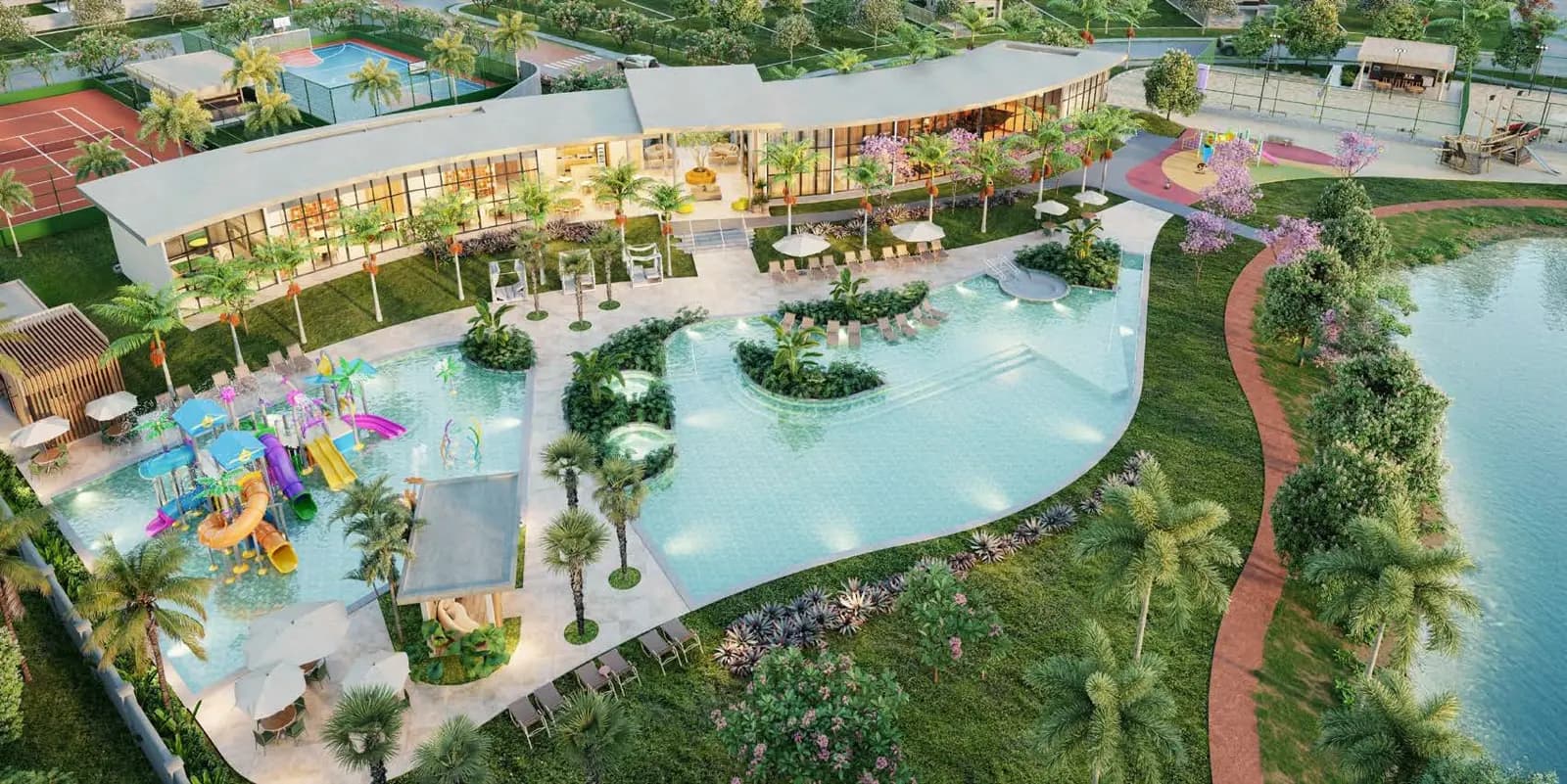 Moradas Eusébio — El clubhouse y sus piscinas, desde el aire