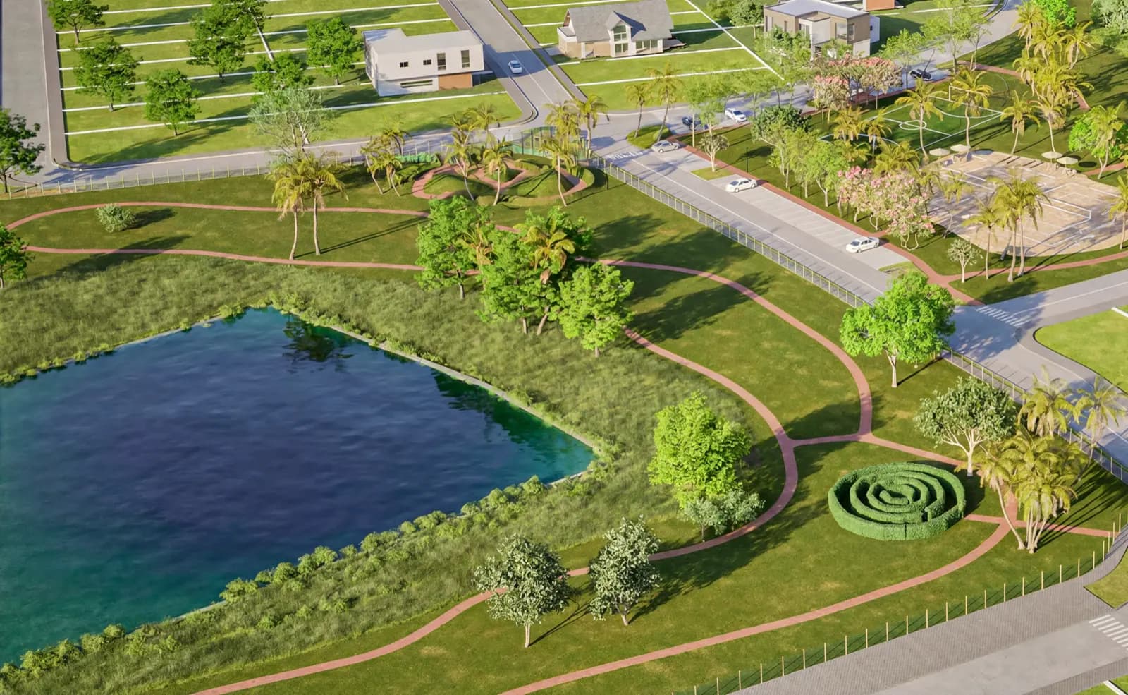 Vila dos Pássaros — El lago del parque central y el laberinto vegetal