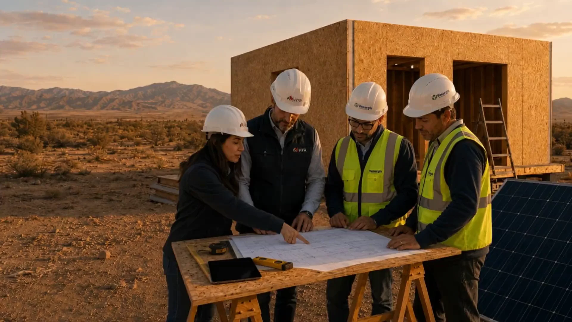 Equipo de Venergia revisando planos frente a una vivienda en montaje