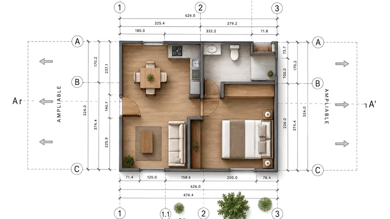 Planta acotada de una vivienda levantándose en corte, con los muros de panel y las cerchas a la vista
